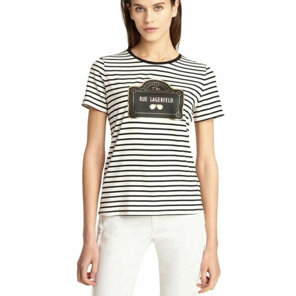 Karl Lagerfield Striped Front Logo Rue Lagerfield T-shirt